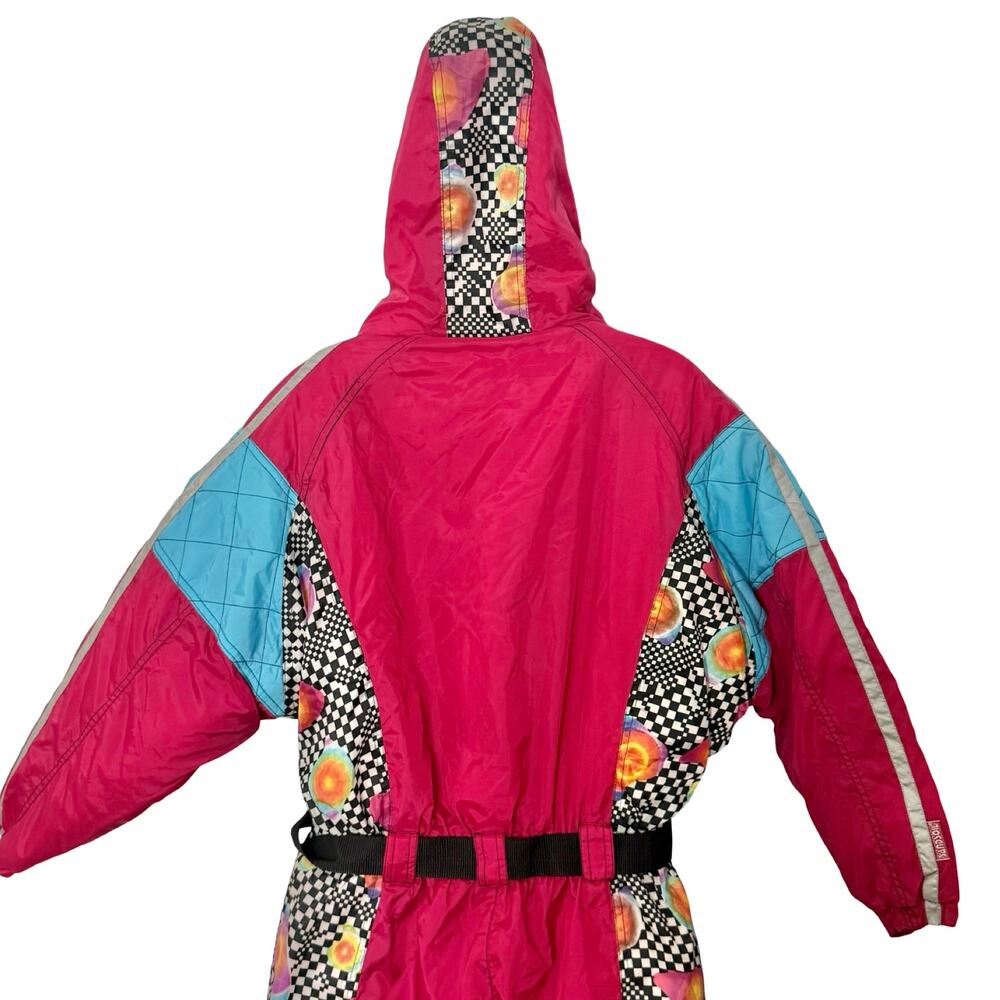 Vintage 90s Blue Pink Checkerboard Hooded Ski Suit One Piece Size S *GOOD* - Picture 16 of 16